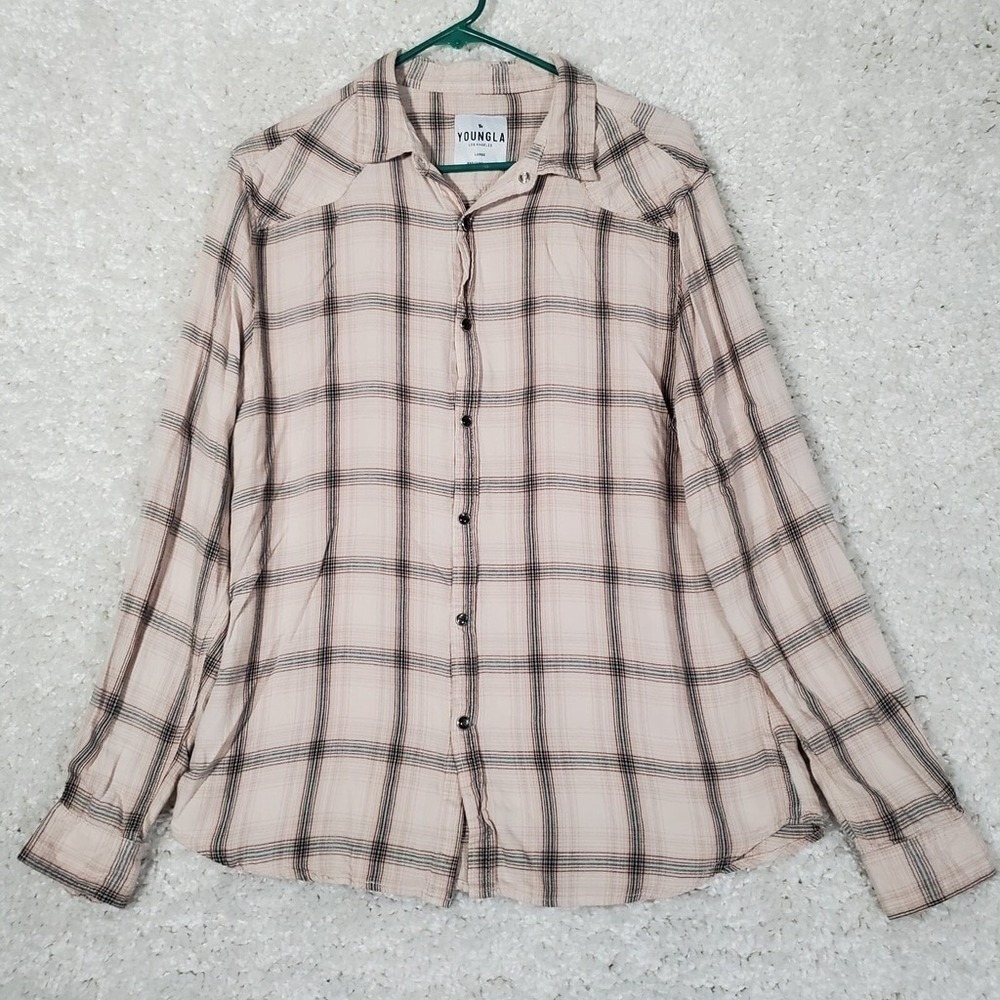 YoungLA Mens Pearl Snap Plaid Shirt Long Sleeve Size L Western Ranch‎ Casual